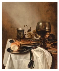 En rull, sild, sølvsaltkjeller, stor rogn og kniv på et drapert bord, ca. 1644 (olje på panel)