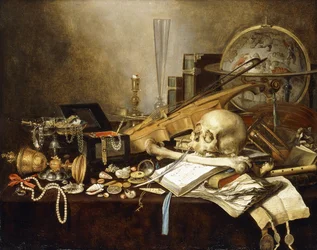 Vanitasstilleben med musikkinstrumenter og manuskripter, et veltet forgylt pokalglass med lokk, et smykkeskrin, en lysestake, en astrologisk globus, en perlerad, juveler, skjell, en hodeskalle og et lårbein samt et timeglass på et drapert bord, 1653