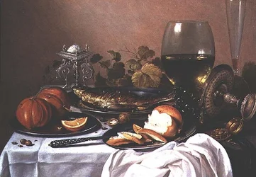 Stilleben med makrell, gresskar og brød