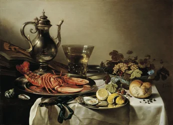 Bord med hummer, sølvkanne, stort berkemeyer-glass, fruktskål, fiolin og bøker, 1641