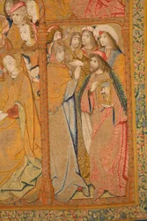 flamsk billedvev. Kunngjøring. Detalj, ca. 1502-04 (gull, sølv, silke og ull)
