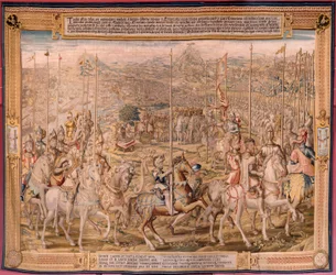 flamsk billedvev. Serien Erobringen av Tunis; Gjennomgang av troppene i Barcelona (La revista de las tropas en Barcelona). Andre billedvev i serien. Modell Jan Vermeyen og Pieter Coecke van Aelst. 1543-1548. Produksjon Real Fábrica de Tapices de Sant