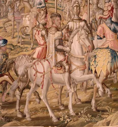 flamsk billedvev. Serien Erobringen av Tunis; Gjennomgang av troppene i Barcelona (La revista de las tropas en Barcelona). Andre billedvev i serien. Modell Jan Vermeyen og Pieter Coecke van Aelst. 1543-1548. Produksjon Real Fábrica de Tapices de Sant