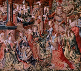flamsk billedvev. Serien The Honours. Dyd (La Virtu, El Vicio). Åttende billedvev i serien. Modelltegnere fra kretsen til Bernard van Orley og Jan Gossaert (Mabuse). Produksjon Pieter van Aelst, Brussel. Ca 1550. Stoff Gull, sølv, silke a