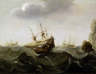 En båt fanget i et urolig hav, med båter som flykter fra kulingen i det fjerne og, til høyre, steiner som stikker opp av vannet. Olje på tre, rundt 1620, av Cornelisz Verbeecq (1590-1637).