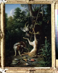 ""Jakthund og fuglevilt"" (Hund og fuglevilt) Maleri av Peter Gysels (1621-1691) 1600-tallet. Pushkin-museet, Moskva