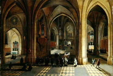 Interiøret i en gotisk katedral med en prosesjon (olje på panel)