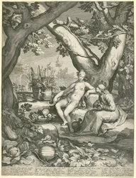 Vertumnus låner figuren til en gammel kvinne for å vinne Pomonas kjærlighet, 1605 (gravering på lagt papir)