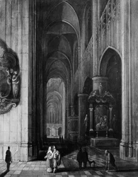 Interiør av en gotisk kirke om natten, ca. 1660.