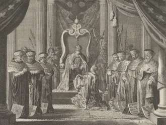 Plate 8: Keiser Maximilian II gir en krone til våpenskjoldet til Amsterdam, fra Cas..., 1638.
