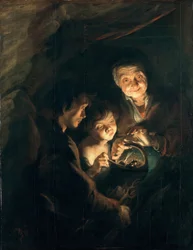 Gammel kvinne med en kurv med kull, ca. 1616-1618