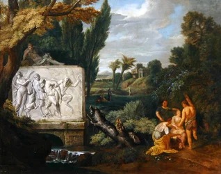 Et klassisk landskap med jomfruer som danser ved en sarkofag som skildrer Silenus