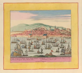 Ankomst av den nederlandsk-engelske flåten med kong Charles III i Lisboa, 1704 Landing av hans Mt. Carel de III, konge av Spania til Lisboa i Portugael den 7. mars 1704 (...) (tittel på objektet) Krigens teater, begynnelsen av kong Karel den