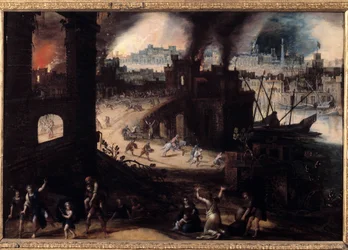 Ødeleggelsen av Troy-maleri av Pieter Schoubroeck (1570-1607) Besancon fra 1600-tallet. Museum of Fine Arts