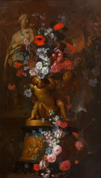 Kaskaderende blomster med skulpturer av en kvinnelig helgen og gyldne putti på en base med en julekrybbe i en hage i skumringen, ca. 1690-1750 (olje på lerret)
