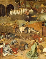 Dødens triumf. Døden trekker vognen blant likene. Kroppene til krigere og konger ligger på bakken. Maleri av Pieter Bruegel (eller Breugel eller Brueghel eller Breughel) den eldre (1525-1569), 1500-tallet. H. 117 x 162 cm. Museo del Prado, Madrid