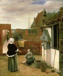 En kvinne og en hushjelp i en gårdsplass, ca. 1660-61