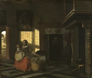 Interiør med en mor nær en vugge - Interiør med en mor nær en vugge, av Hooch, Pieter, de (1629-1684). Olje på lerret, ca 1665. Størrelse: 54x65 cm. Nationalmuseum Stockholm