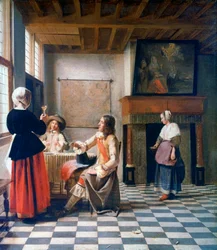 Interiør, kvinne som drikker med to menn og en tjenestepike, ca. 1658