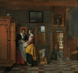 Interiør med kvinner ved siden av et linskap, 1663
