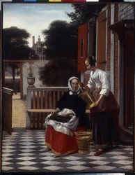 Fruen og hennes tjener. (En elskerinne og hennes hushjelp). Husets elskerinne på terrassen opptatt med et arbeid med å sy ser på arbeidet utført av hennes tjener. Maleri av Pieter de Hooch (1629-1684)