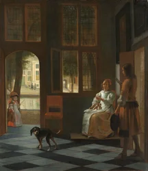 Mann som overrekker et brev til en kvinne i inngangshallen i et hus, 1670