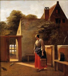 Hushjelpen på gårdsplassen til en nederlandsk by Maleri av Peter Hoogh (1629-1681) Privat samling fra 1600-tallet