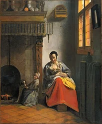 Kvinne som ammer et spedbarn, med et barn og en hund