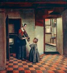 Kvinne med et barn i et spiskammer, ca. 1660