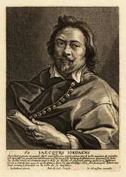 Portrett av Jacques Jordaens, flamsk maler, tegner og billedvevdesigner kjent for sine historiemalerier, sjangerscener og portretter