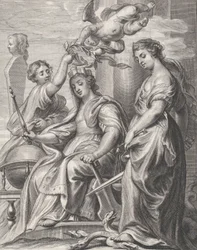 Allegory of Good Government, sittende i midten og kronet av en putto og en wo..., ca. 1640-74.