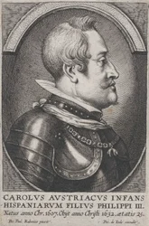 Portrait of Charles of Austria, Infante of Spain, in profile to the right, ca. 1650.    1158090   no       norwegian Successfully Translated  Original: P (letter shown by a hunting horn player) Translat: P (letter shown by a hunting horn player) 1406026 no