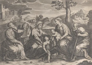 Den hellige familie til høyre, med spedbarnet Saint John the Baptist, Elizabeth, Zacharias,..., 1631-37.