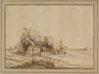 Figurer utenfor et vertshus, gårdsbygninger og stangen til et dueslag, utenfor Amsterdam