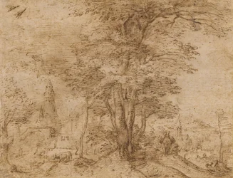 En landsby med en gruppe trær og et muldyr, ca. 1552-54