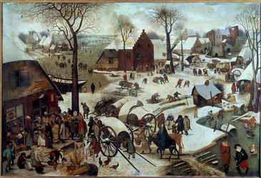 Betaling av kronen eller deombrementet til Betleem (h s/t 1,11 X 1,64). Maleri av Pieter Bruegel (eller Breugel eller Brueghel eller Breughel) førstnevnte (1525-1569). 1566. Brussel, Royal Museum of Fine Arts.