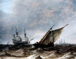 En Smalschip og en Man-of-War i hakkete hav (olje på panel)