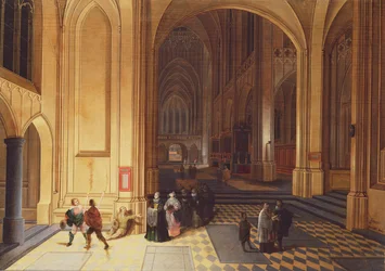 Interiør i en katedral med en tigger og andre figurer
