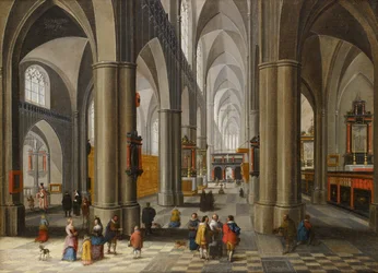 Interiør i en katedral med figurer