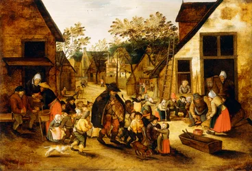 En blind Hurdy-Gurdy-spiller omgitt av barn i en landsby, ca. 1610