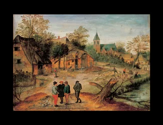 Et landsbylandskap med bønder som samtaler i forgrunnen, 1634