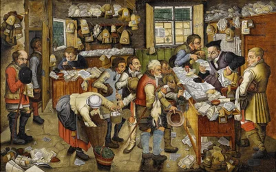 Le Payment de la dime - The Payment of the Tithes (kjent som Village Lawyer) - Maleri av Pieter Brueghel den yngre (Le jeune ou Brueghel d