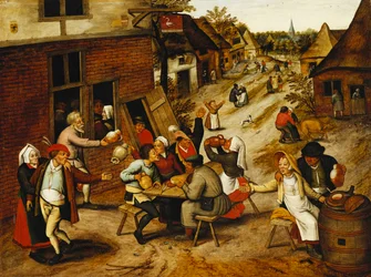 Bønder som morer seg utenfor Svanekroen i en landsbygate, 1630