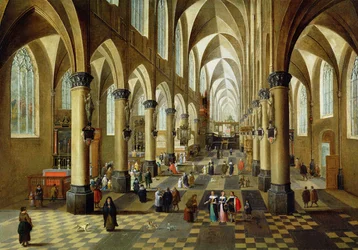 Figurer samlet i et kirkeinteriør, 1600-tallet