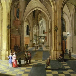 Interiøret i en gotisk katedral med to kvinner i samtale