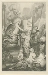 Berømmelse, evighet og skrivekunst Tittelside for Louis Moréri, Le grand dictionaire historique, 1731