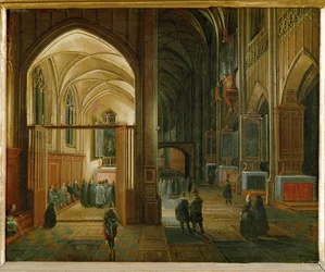Kveldsmesse i en gotisk kirke (maleri på kobber)