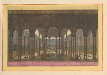 Utsikt over Løvegården i Alhambra i Granada. Løvegården i Granada, et verk av de mauriske kongene i Alhambra-slottet, med to marmorbassenger på ti løver (tittel på objektet). Theatrum Hispaniae (...) (serietittel)