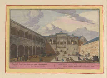 Utsikt over en gårdsplass i Real Alcázar i Sevilla. Det kongelige palasset i Sevilla, en bygning av de mauriske kongene (tittel på objektet). Theatrum Hispaniae (...) (serietittel)