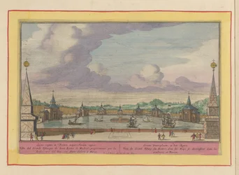 Stor dam med skip i hagen til Palacio del Buen Retiro i Madrid Groote Waterplaats, i Retiro (tittel på objekt) Theatrum Hispaniae (...) (serietittel)